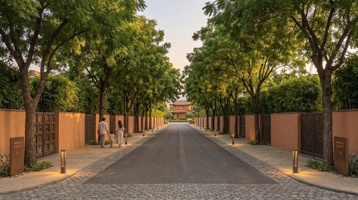 Tree-lined boulevard at Aravali County